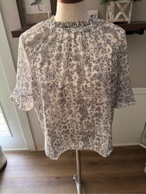 LOFT White Blouse with Black Floral Print
